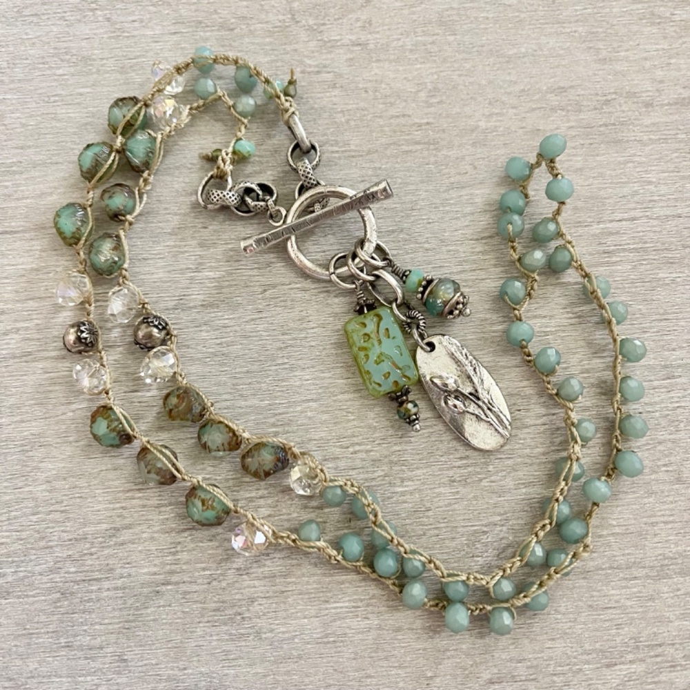 ARTISAN OOAK Sea Green Beaded Crocheted Necklace with Specialty Accents & Charms - Picture 2 of 11